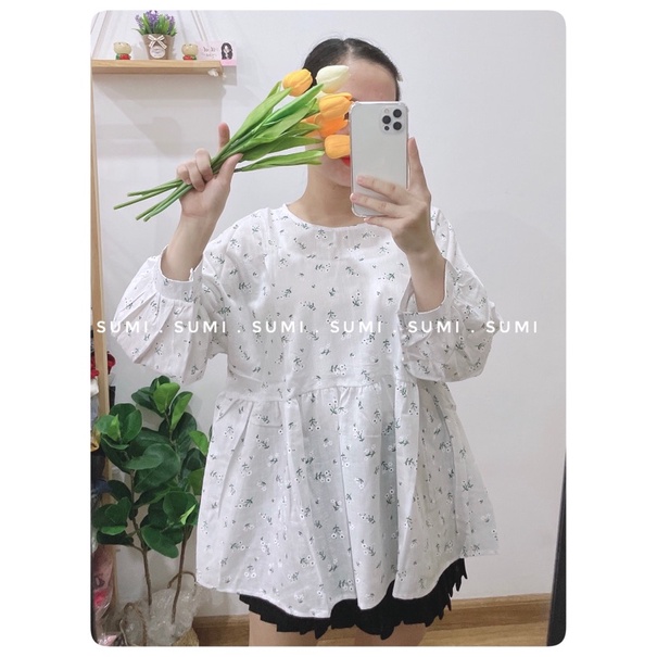 Áo  babydoll hoa nhí vintage xinh xắn, Áo baby doll dáng rộng Ulzzang girl , Áo sơ mi trắng hoanhi