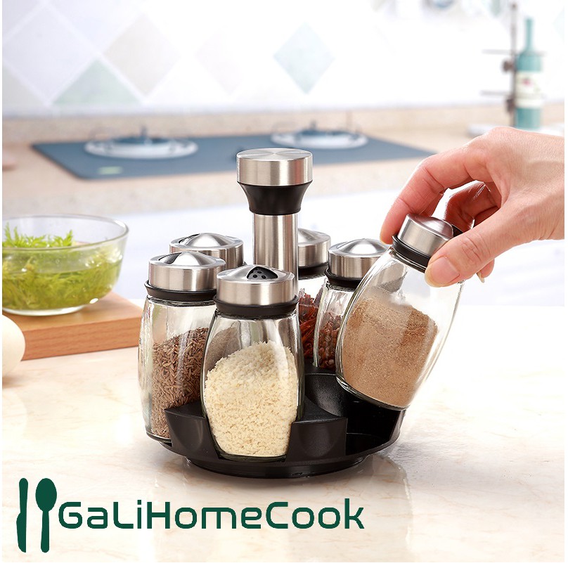 Bộ 6 lọ đựng gia vị thủy tinh kèm giá để xoay 360 độ GaliHomecook [FREESHIP-GIÁ CỰC SỐC]