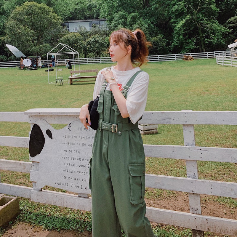 Áo Thun Ngắn Tay Kèm Quần Yếm Lưng Cao Thời Trang Hàn Quốc Cho Nữ