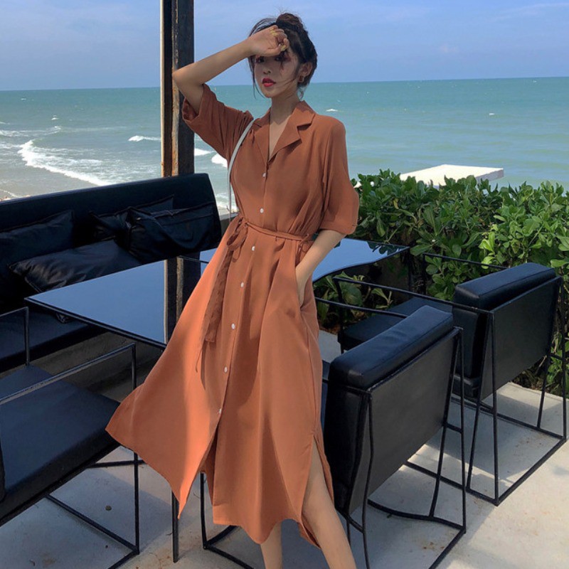 Váy sơ mi dáng dài vintage thắt eo cài khuy