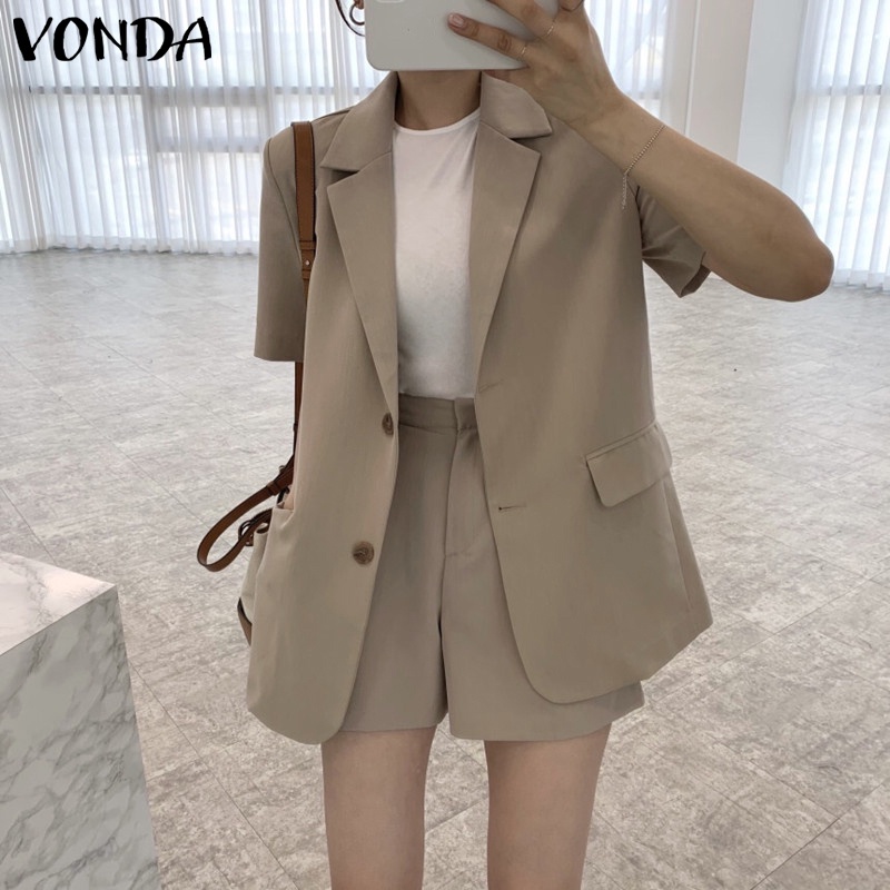 Set đồ VONDA áo khoác blazer tay ngắn và quần đùi lưng cao màu trơn phong cách Hàn Quốc mùa hè xinh xắn dành cho nữ