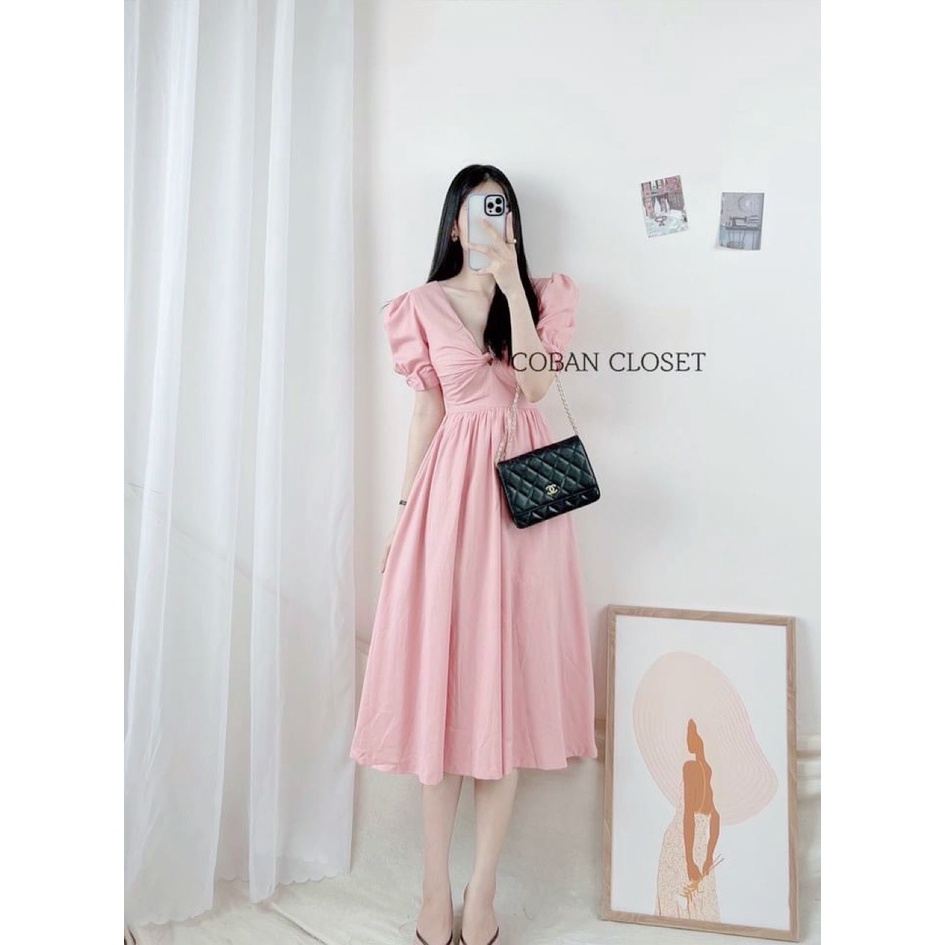 Váy xoắn ngực tôn V1 đầm nơ tay maxi thiết kế tỉ mỉ-Minxy shop