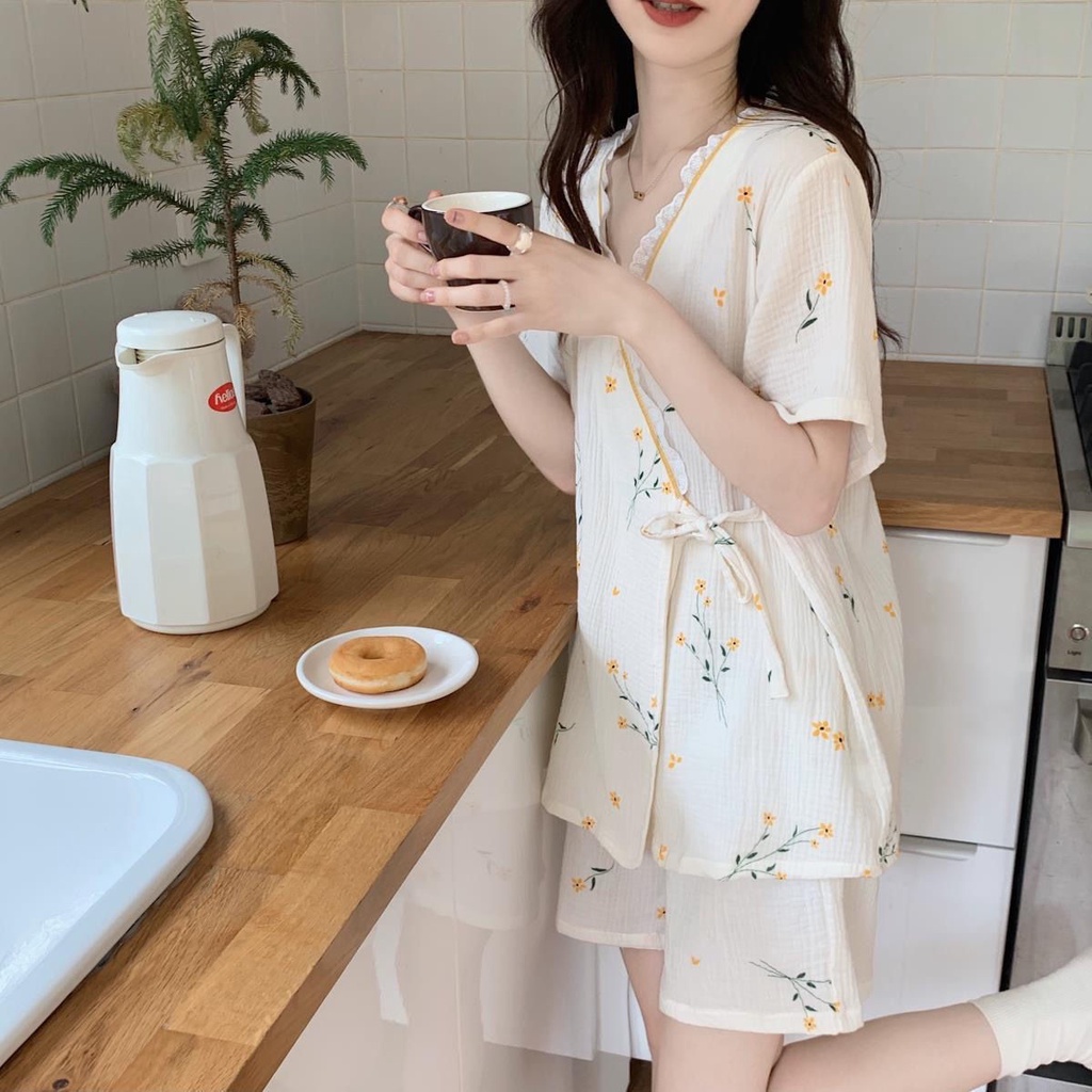 Bộ đồ ngủ tay ngắn dáng rộng phong cách kimono Nhật Bản cho nữ