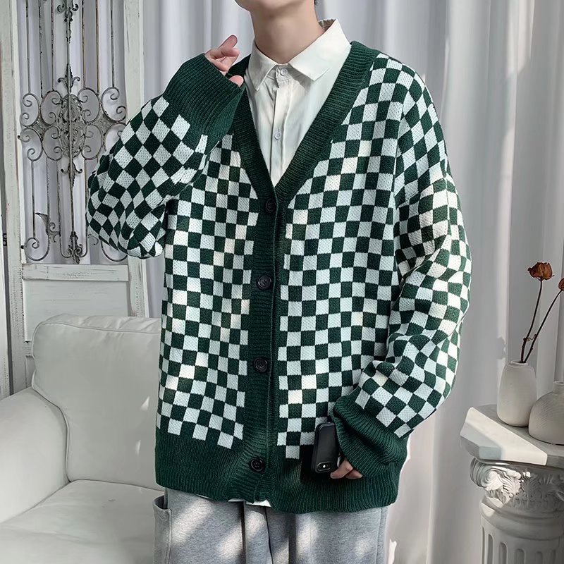 Áo khoác cardigan dệt kim mỏng in hoạ tiết caro phong cách mùa xuân học đường cho nam và nữ