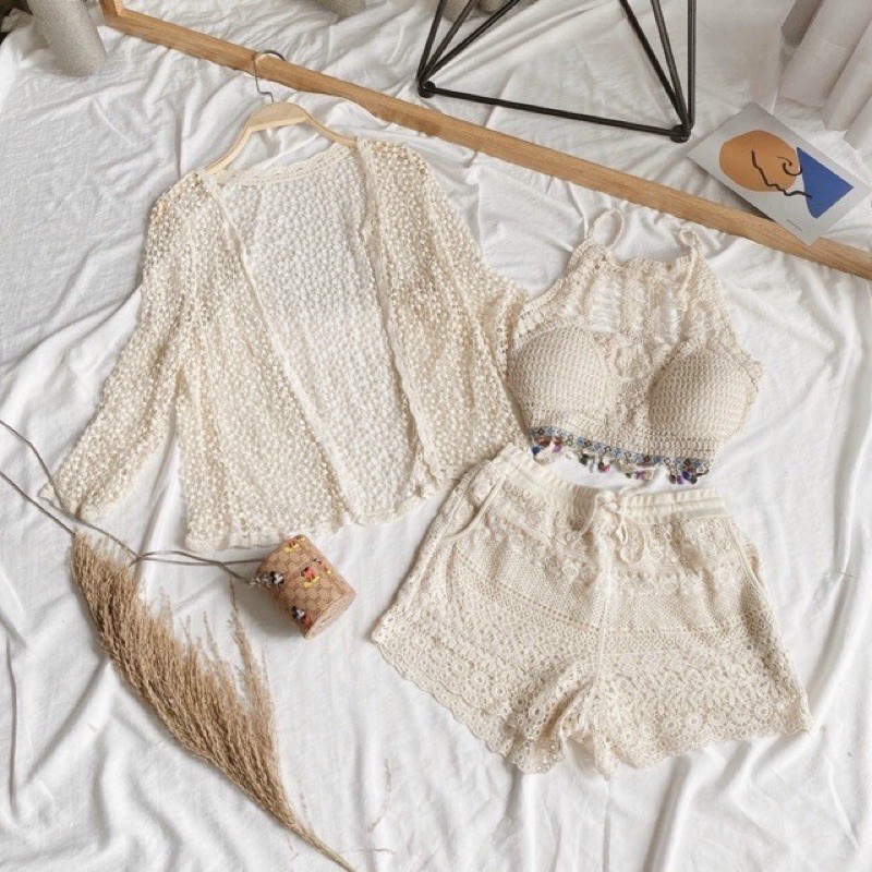 [ 3 món ] Set Bikini đi biển cổ yếm đính hạt hàng chuẩn