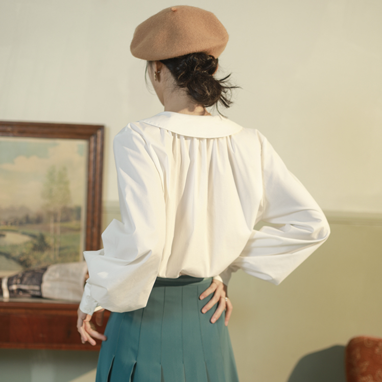 Áo Sơ Mi Tay Phồng Màu Trơn Phong Cách Retro Thanh Lịch Dành Cho Nữ