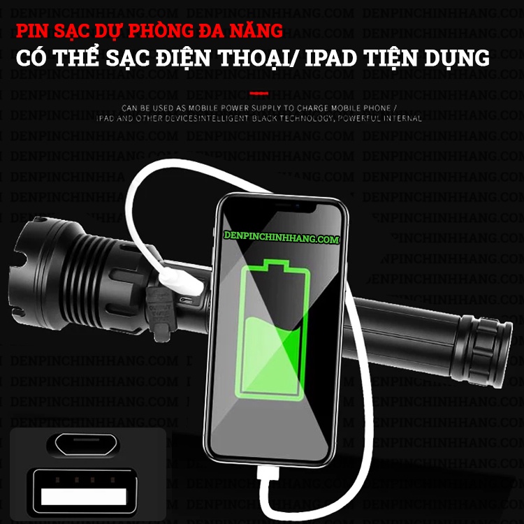 Đèn pin siêu sáng P90 COB cao cấp có zoom 2024