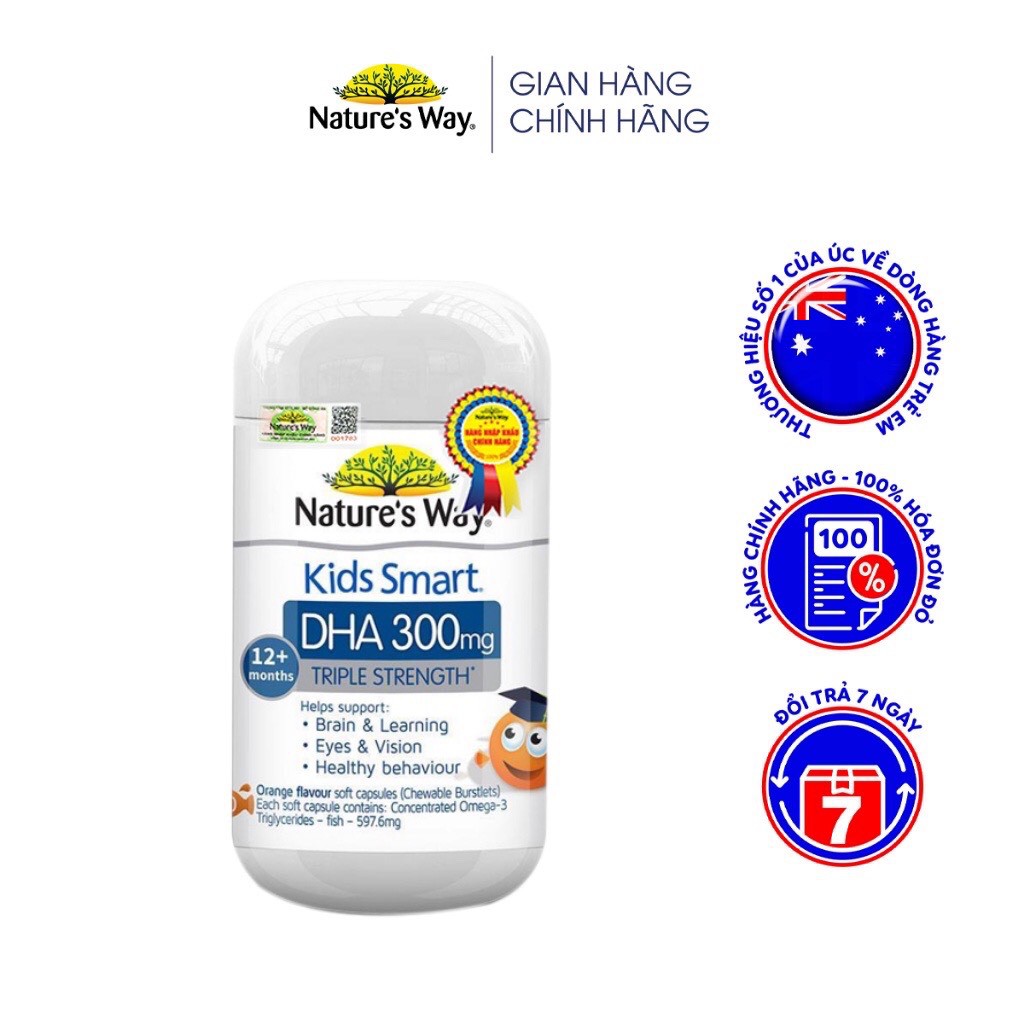 Viên Nhai Nature's Way Kids Smart DHA 300mg Triple Strength Tăng Cường Sự Phát Triển Của Trẻ 50 Viên