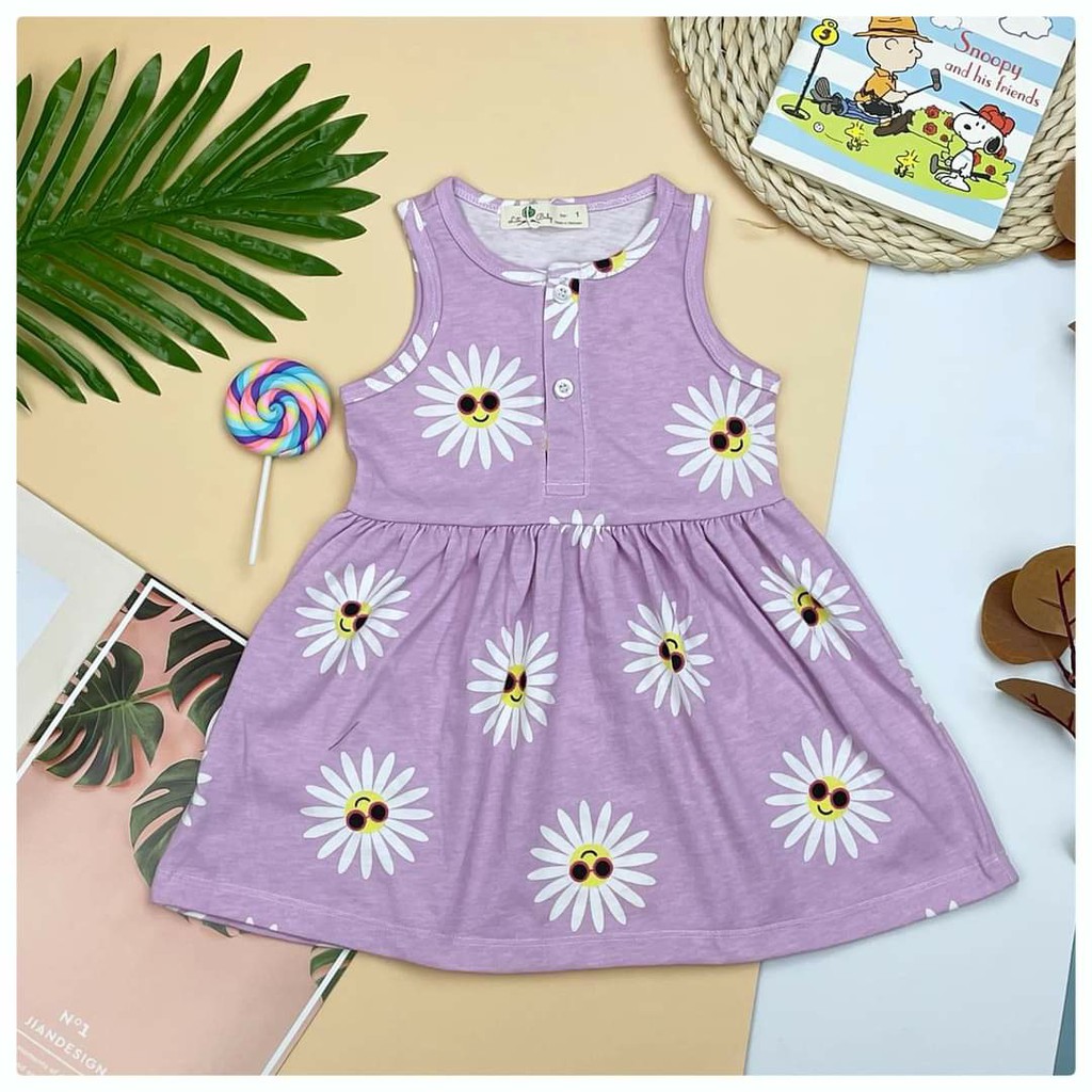 Đầm sát nách cài cúc bé gái cotton xuất dư Litibaby size cho bé 9-27kg