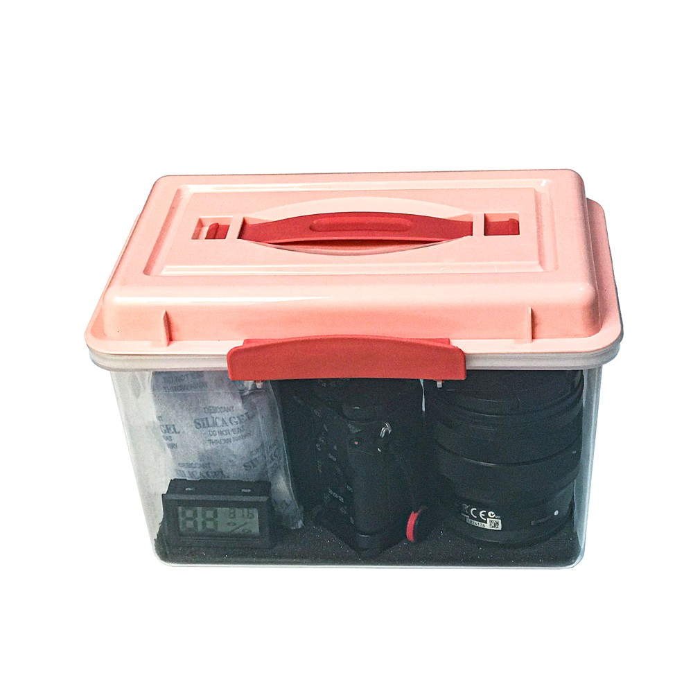 Combo hộp chống ẩm máy ảnh, flycam 3 lít (ẩm kế + hạt hút ẩm hoặc tùy chọn máy hút ẩm + mút xốp)
