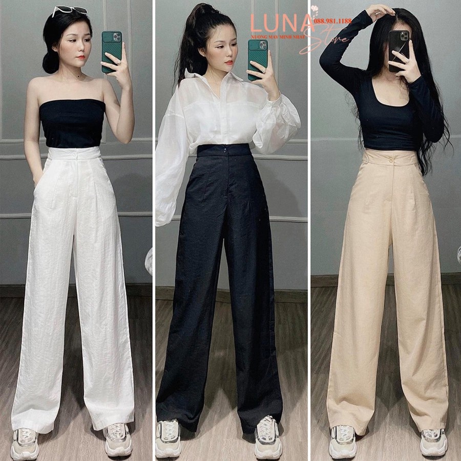 quần ống rộng suông nữ lưng cao khóa trước 1 khuy vải tuyết mưa M01