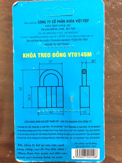 Khoá treo đồng chìa Việt Tiệp cầu 7 chính hãng