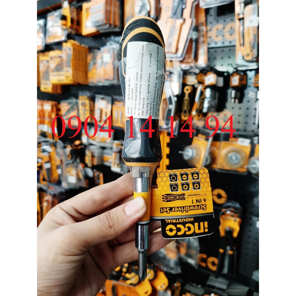 Tuốc nơ vít 6 đầu INGCO AKISD0608 | bộ tua vít 6 đầu bít phổ thông SL5, SL6, PH1, PH2, 6mm, 8mm, thân tua vít thông minh