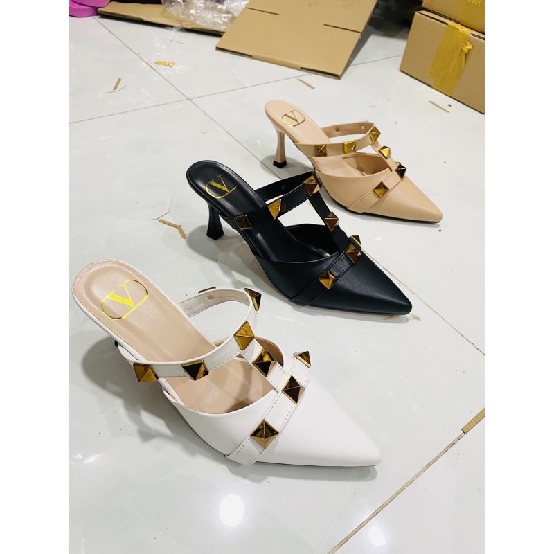 Giày gót bít mũi H2STORE phối đinh da mờ gót đẹp 7cm sang chảnh .