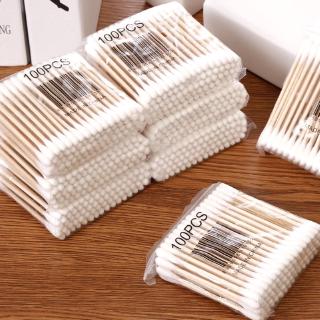 Bộ 100 tăm bông hai đầu tẩy trang/vệ sinh tai mũi làm bằng gỗ y tế chuyên dụng