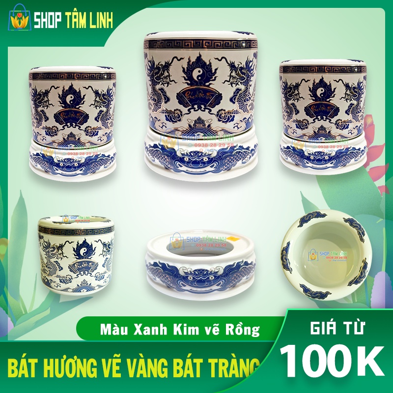 Bát hương Bát Tràng vẽ vàng men xanh kim đồ thờ cúng Shoptamlinh