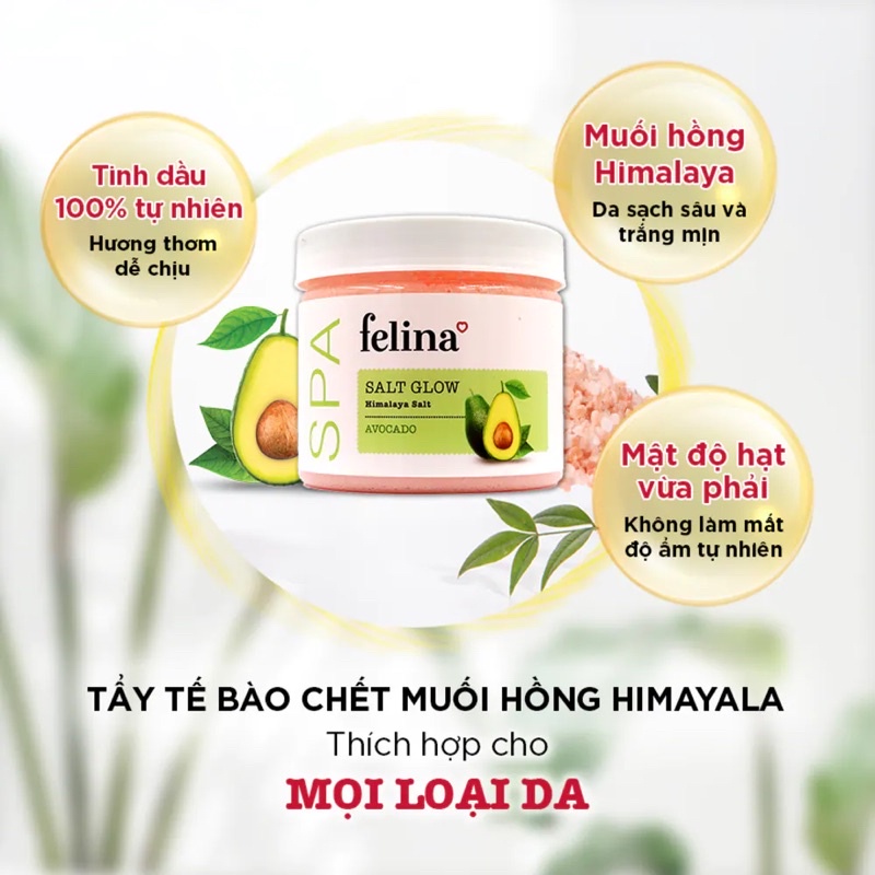 Muối Tắm Felina Himalaya Salt Glow Avocado Tẩy Tế Bào Da Chiết Xuất Bơ 500g