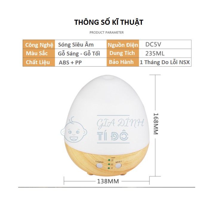 Máy Xông Tinh Dầu Hình Quả Trứng - Dung Tích 235ml - Có Đèn Led Đổi Màu