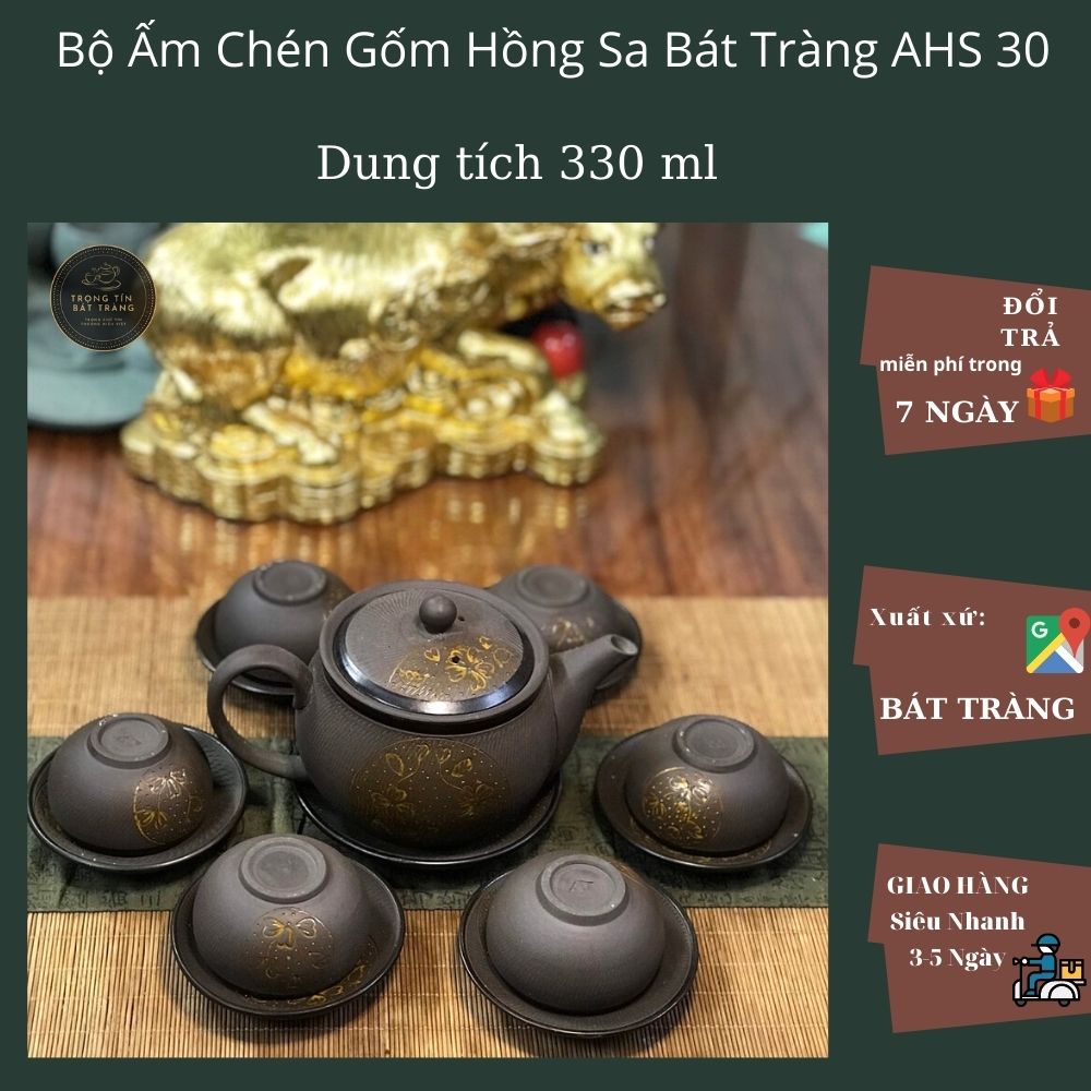 Bộ Ấm Chén Trà Đạo Gốm Tử Sa Bát Tràng Vẽ Vàng Cỏ 3 Lá Dáng Thủy Bình Dung Tích 330ml (Bộ Ấm Chén) AHS 30
