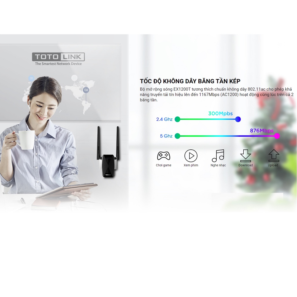 Kích sóng wifi Totolink EX1200T bộ kích wifi băng tần kép AC1200Mpbs - Hàng chính hãng bảo hành 24 tháng