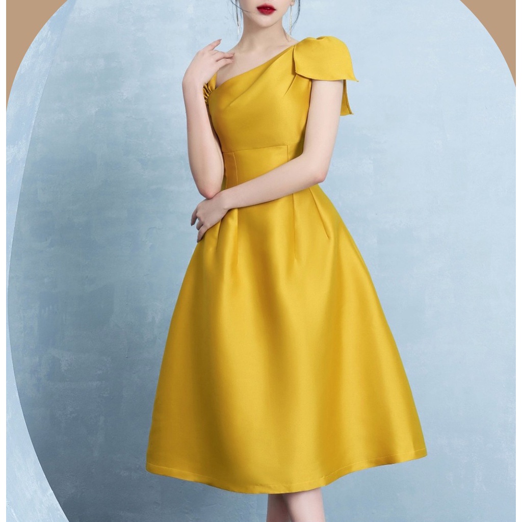 Đầm đi tiệc dáng xòe thiết kế cổ chéo đính nơ vai xinh xắn - T003