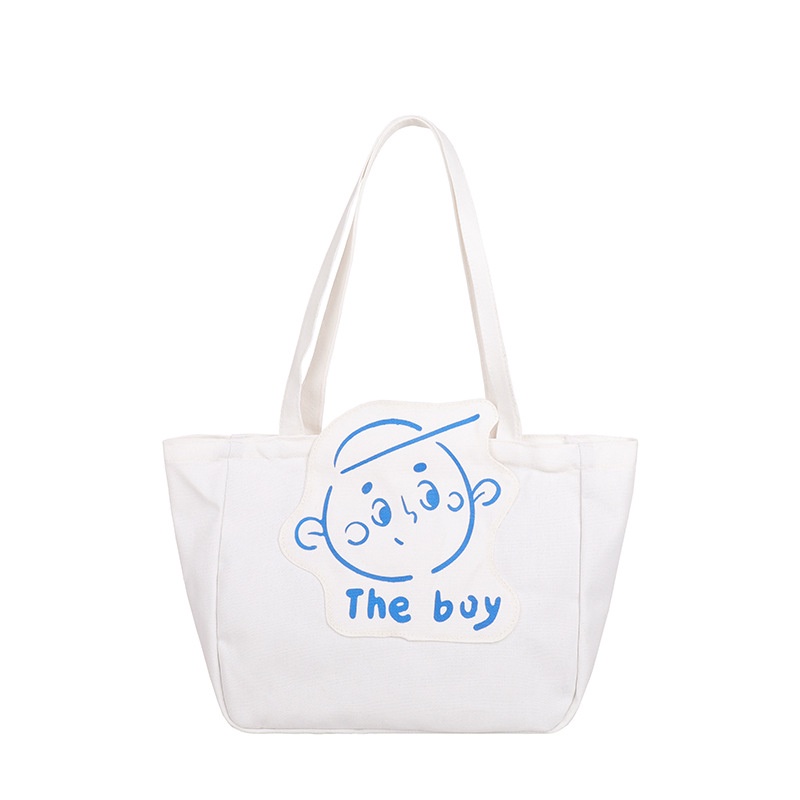 Túi tote đeo vai bằng vải canvas mềm màu trơn in họa tiết phong cách phương Tây mới cho nữ