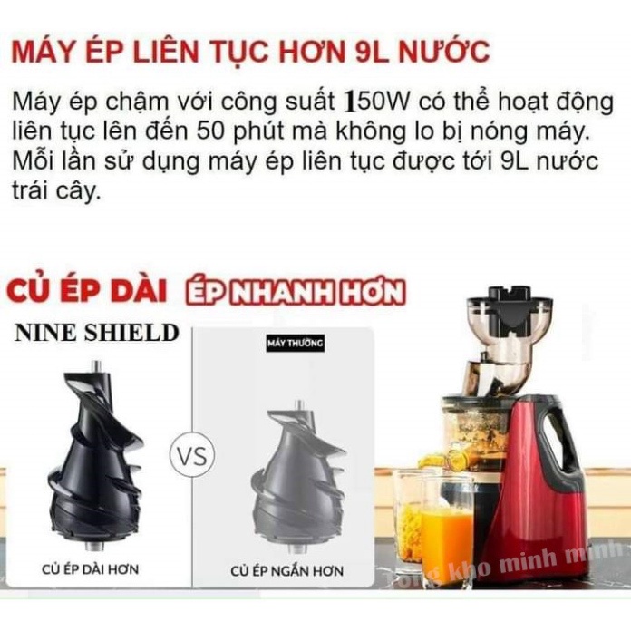 Máy ép trái cây, máy ép chậm NINESHIELD, ép rau củ hoa quả, Có phiếu BH chính hãng 12 tháng