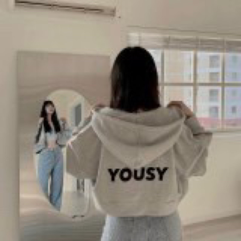 Áo khoác 🌸 Áo croptop kéo khoá zip hoodie mũ dày 2 lớp chât nỉ ngoại màu xám in hình YOUSY phong cách Hàn Quốc PHULA