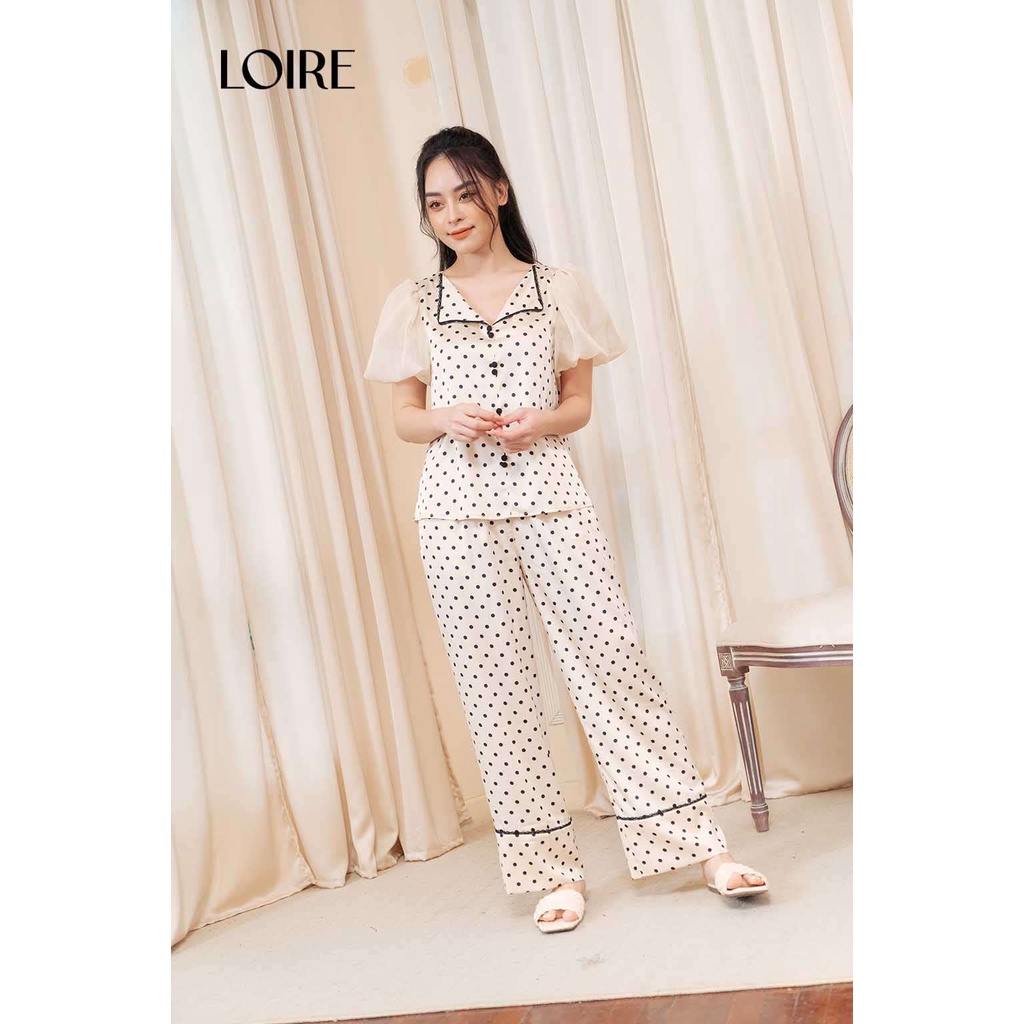 Bộ Đồ Ngủ Lụa Chấm Bi Tay Voan Bồng Bềnh Loirechic LPN09