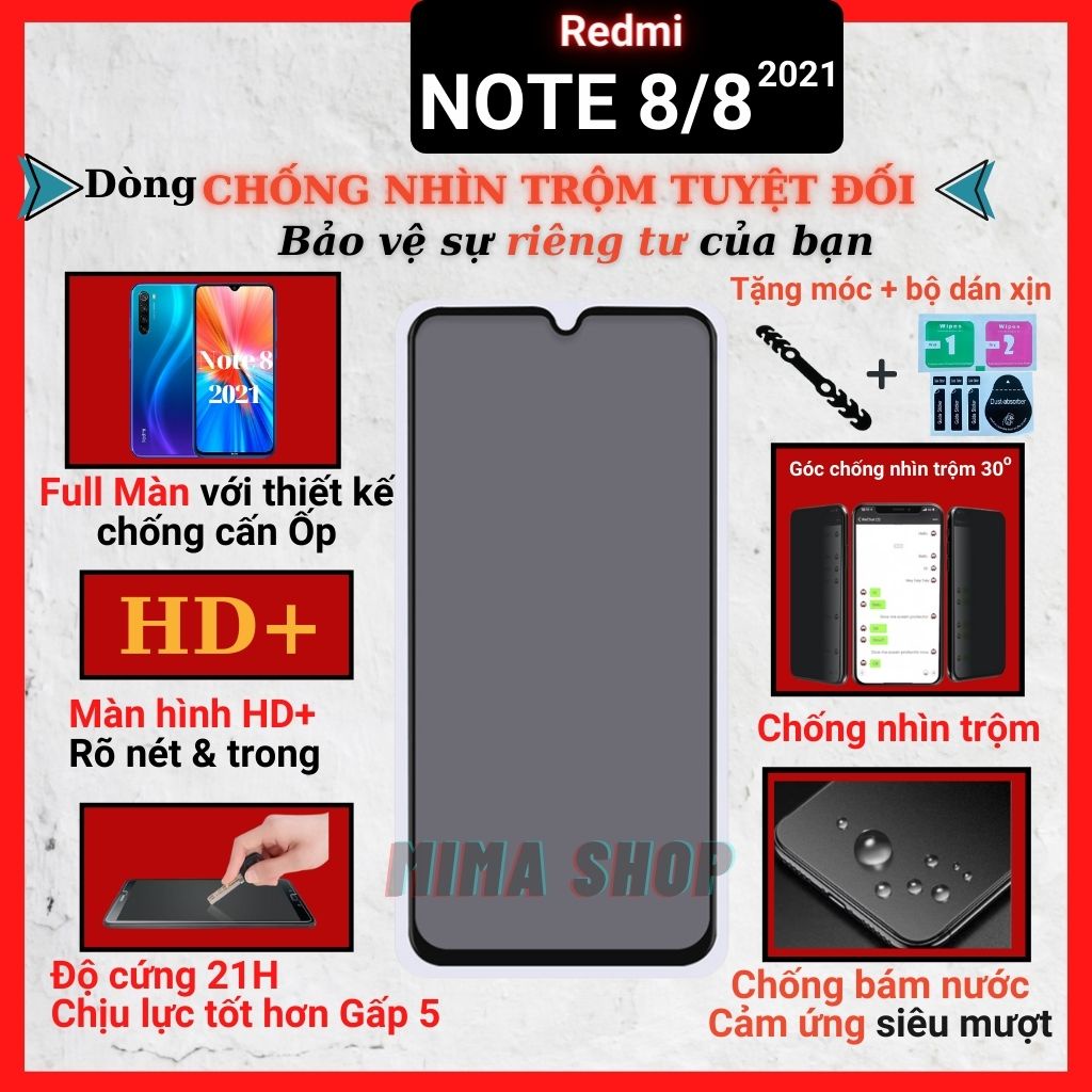 Kính cường lực Chống nhìn trộm Xiaomi Redmi Note 8/ Note 8 2021 Full màn hình-Cảm ứng mượt mà-Chống trầy xước [MIMA]