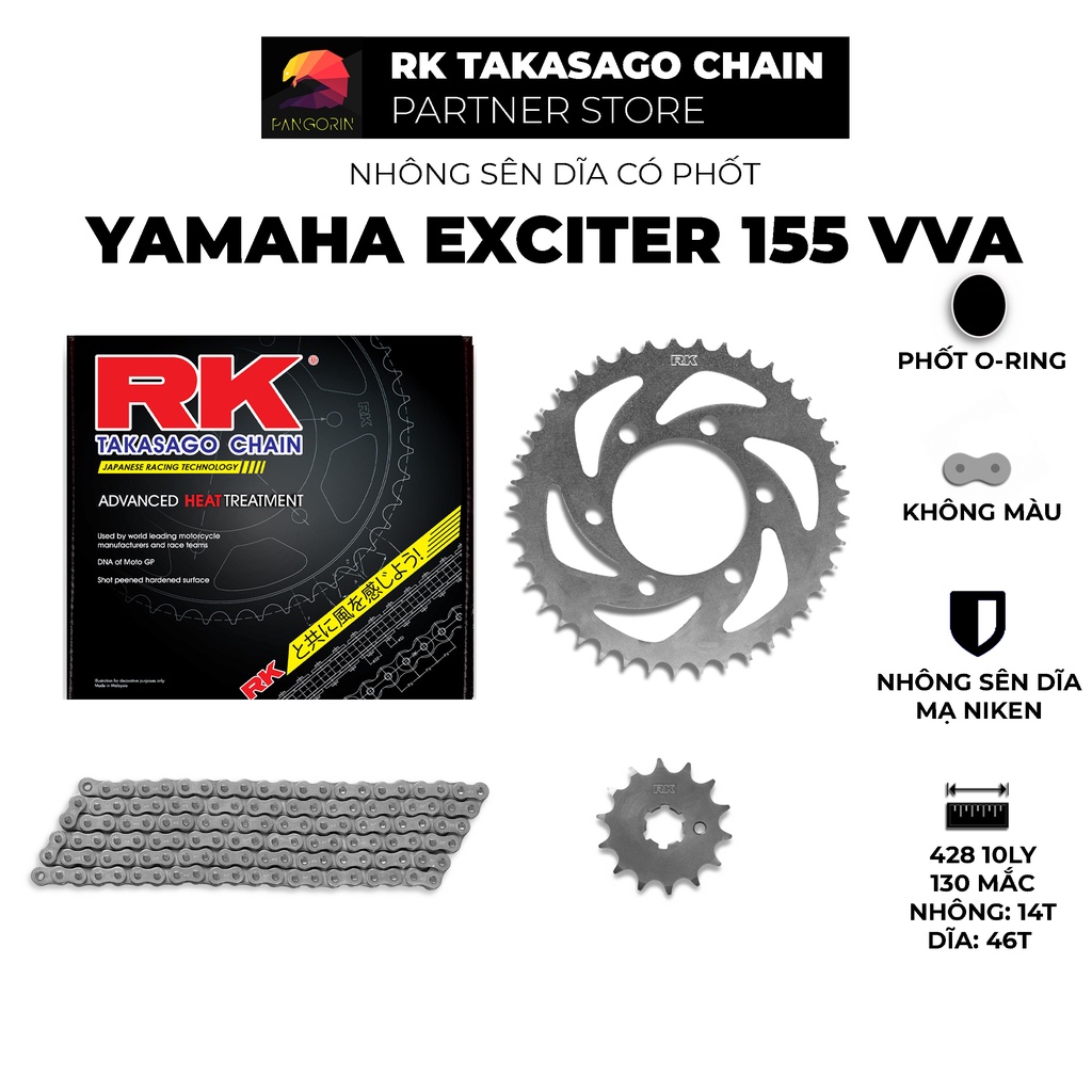 Nhông Sên Dĩa xe máy Yamaha Exciter 155 VVA - Nhông Dĩa thép - Sên có phốt O-ring chuyên tải nặng - Chính hãng RK