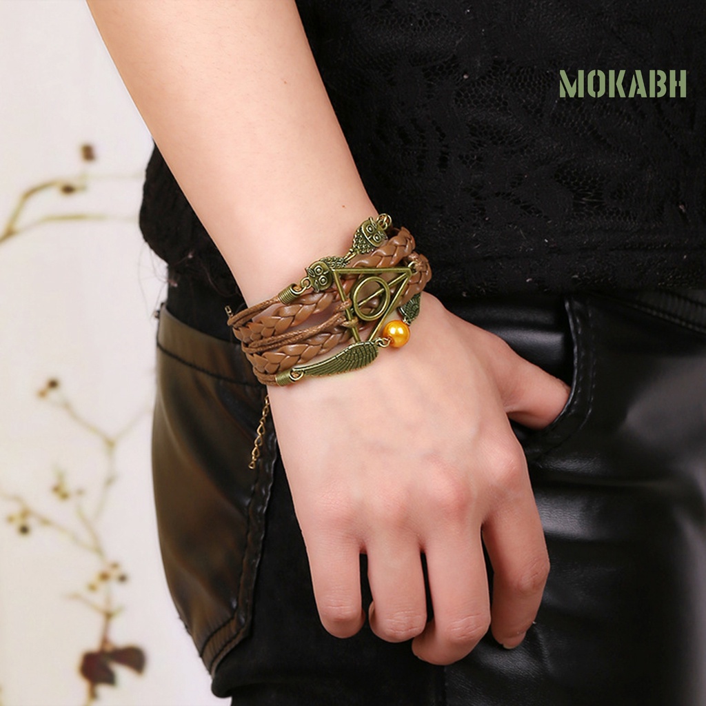 Vòng Tay Bện Dây Da Nhân Tạo Nhiều Lớp Phong Cách Harry P-otter Deathly Hallows