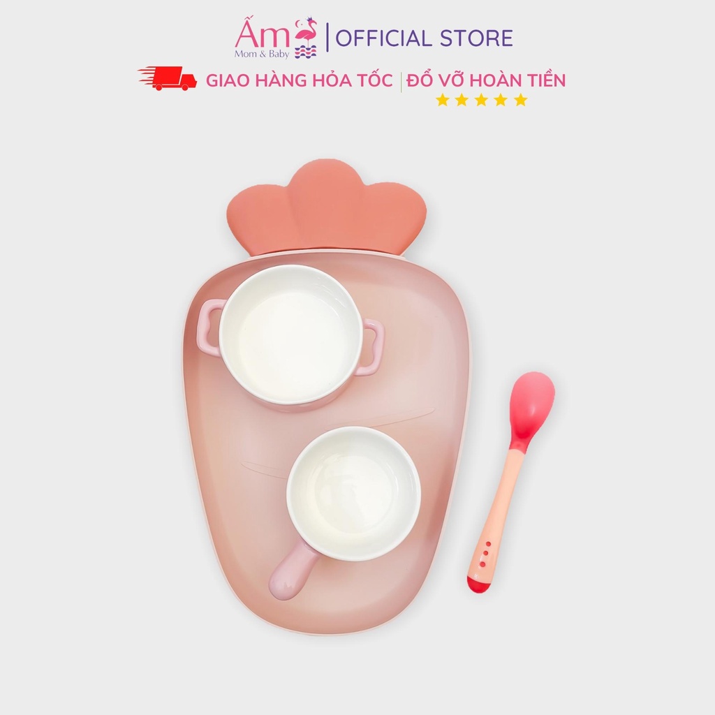 Bộ Bát Ăn Dặm Cho Bé Hình Carot Ấm Baby Gốm Sứ Cao Cấp Kiểu Nhật Ấm Gift Decor