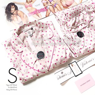 [Hàng Bill USA - Size S] Quần áo ngủ dài (54) chấm bi hồng siêu xinh, vải Satin mền mịn, Pink Dot - VS USA