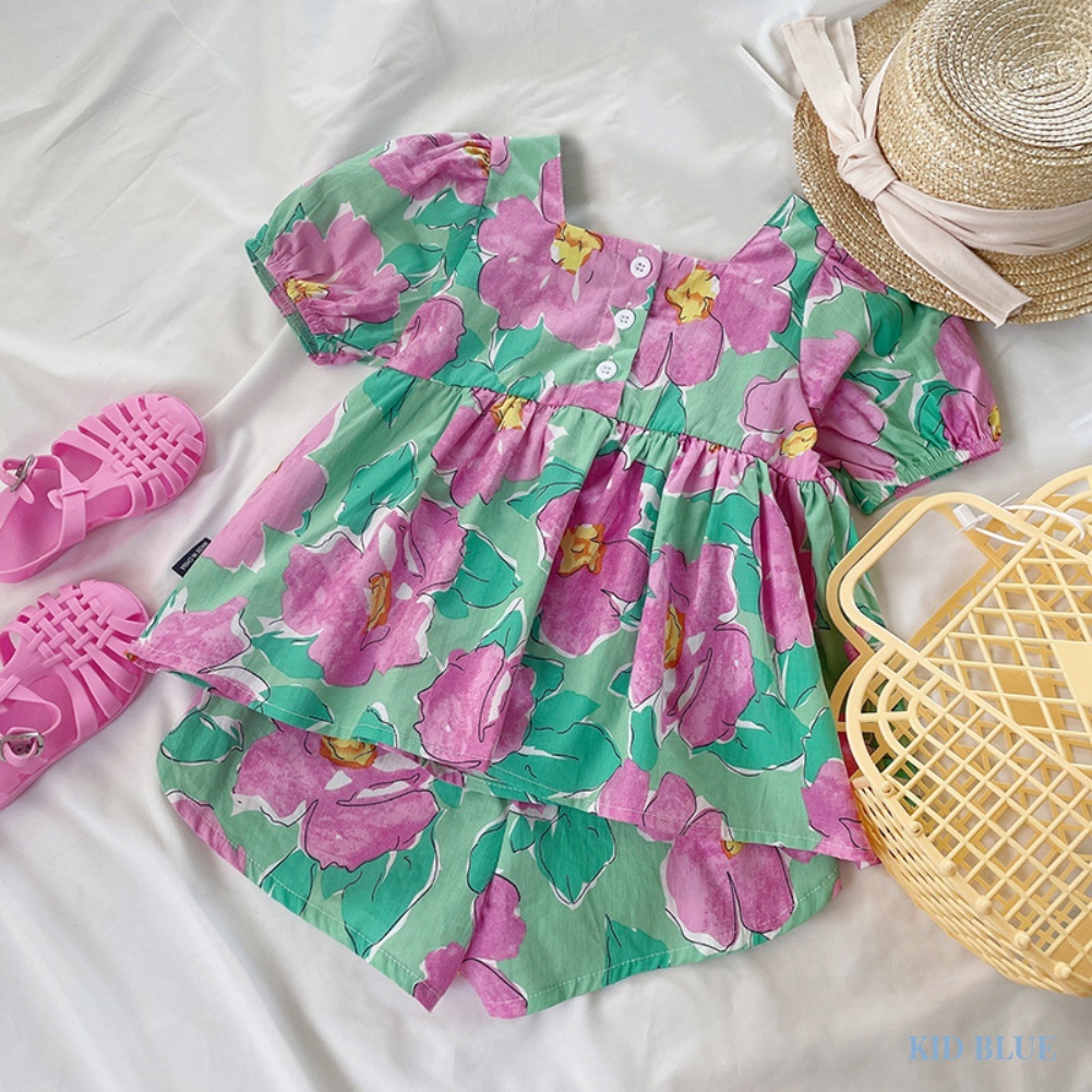 Set Áo Tay Phồng + Quần Short In Hoa Nhí Xinh Xắn Thời Trang Phong Cách Hàn Quốc Cho Bé Gái
