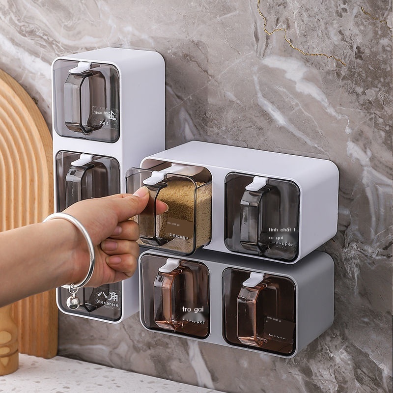 Hộp đựng gia vị nhà bếp nhựa hộ gia đình ba ngăn hộp đựng gia vị loại có ngăn kéo đựng thìa muối hộp đựng bột ngọt gia v