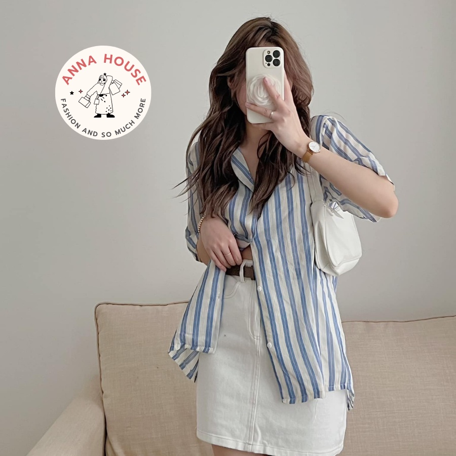 Áo sơ mi nữ cộc tay cổ vest kẻ sọc xanh, xám chất đũi form rộng, Áo sơ mi nữ tay ngắn, dài cổ vest kẻ sọc Freesize