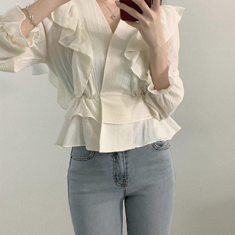 Áo Crop top tay dài cổ chữ v màu trơn phong cách thời trang thanh lịch