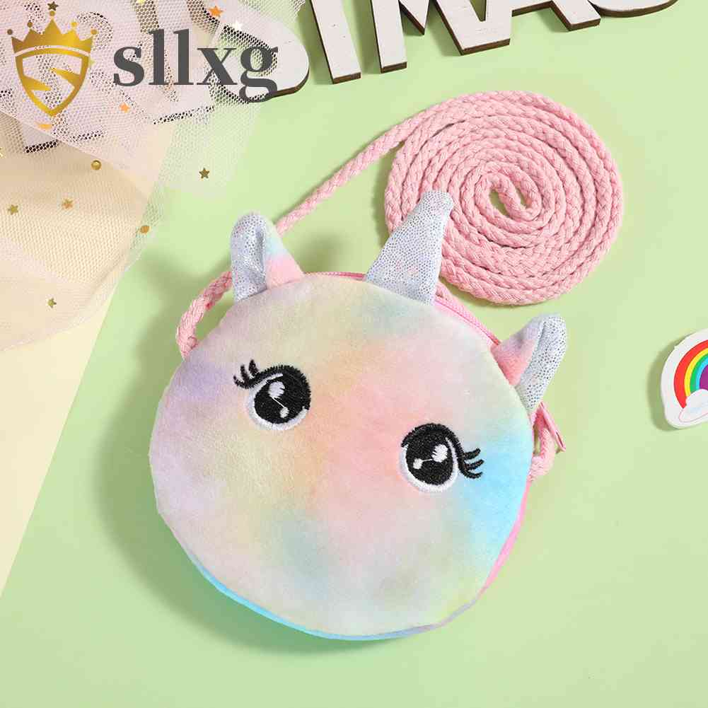 Túi Đeo Chéo Hình Tròn Mini Kiểu Hoạt Hình Bằng Vải Lông Có Khóa Kéo Cho Bé Gái