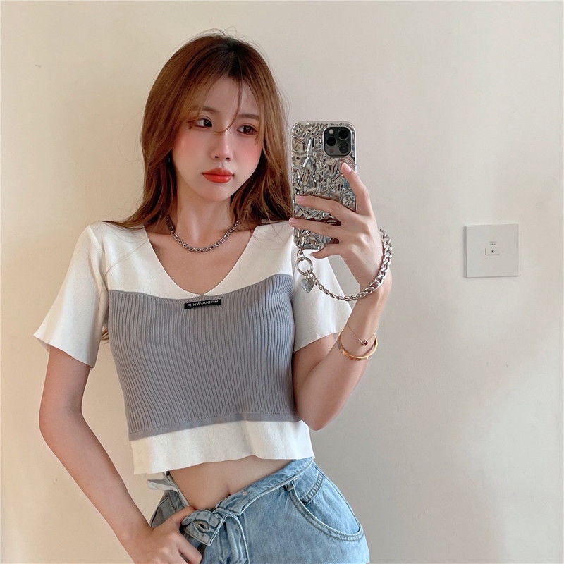 Áo Thun Dệt Kim Lụa Lạnh Cổ v Tay Ngắn Thời Trang Mùa Hè Cho Nữ JH-TX-125