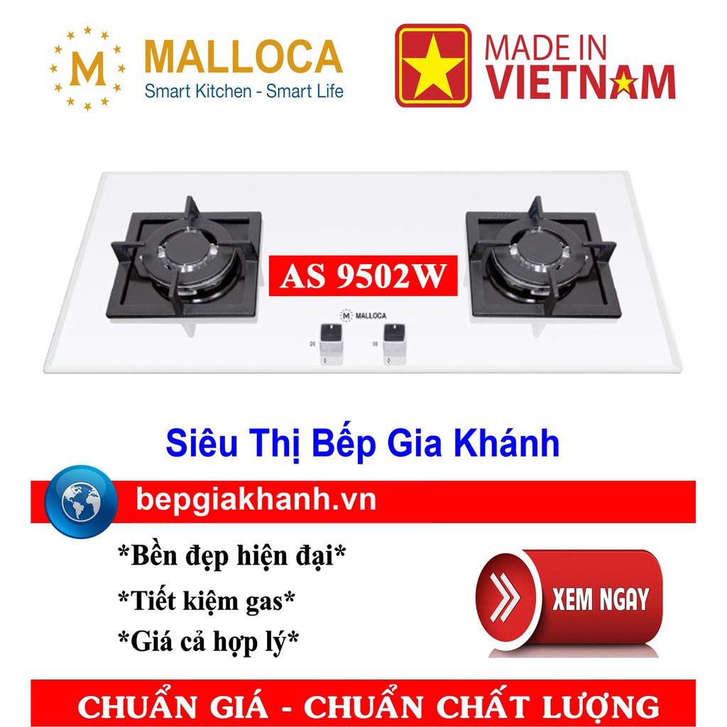 Bếp gas âm 2 vùng nấu Malloca AS 9502W màu trắng lắp ráp Việt Nam