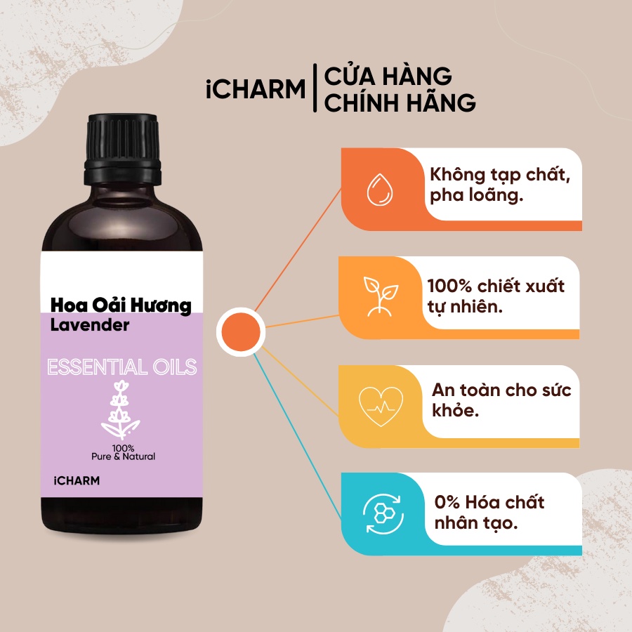 Tinh dầu hoa oải hương 100ml iCHARM [lavender essential oil] nguyên chất 100%, không pha loãng, không tạp chất