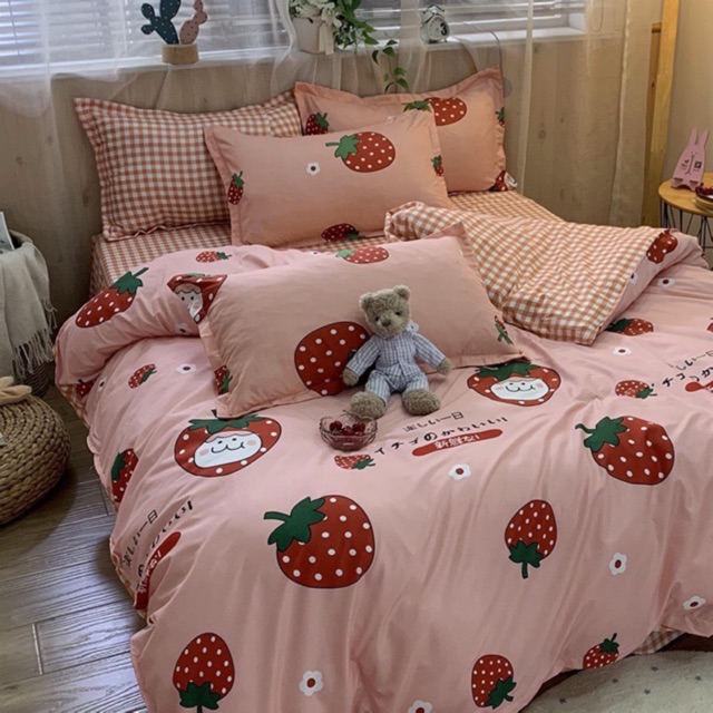 Bộ Chăn Ga Gối Cotton Poly Quả Dâu