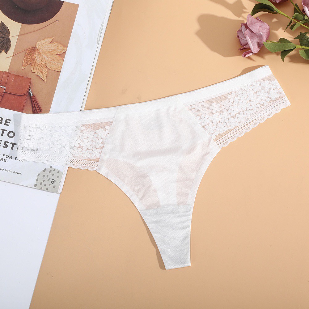 Quần Lót Lọt Khe Vải Lụa Lạnh Phối Ren Lưng Chữ T Không Đường May Gợi Cảm Cho Nữ