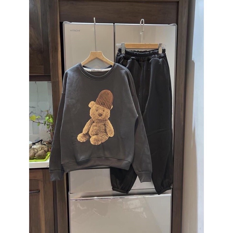 Set Bộ Nỉ Dài Tay Dáng Rộng Kèm Quần Jogger In Gấu Teddy Form Dưới 68kg