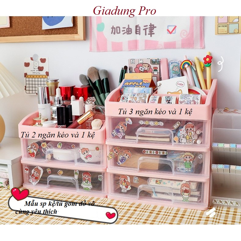 Tủ Nhựa Mini 2 Tầng Để Bàn Đựng Mỹ Phẩm/Tủ Đựng Đồ Trang Sức, Đồ Dùng Học Tập, Có Ngăn Kéo, Kèm Sticker