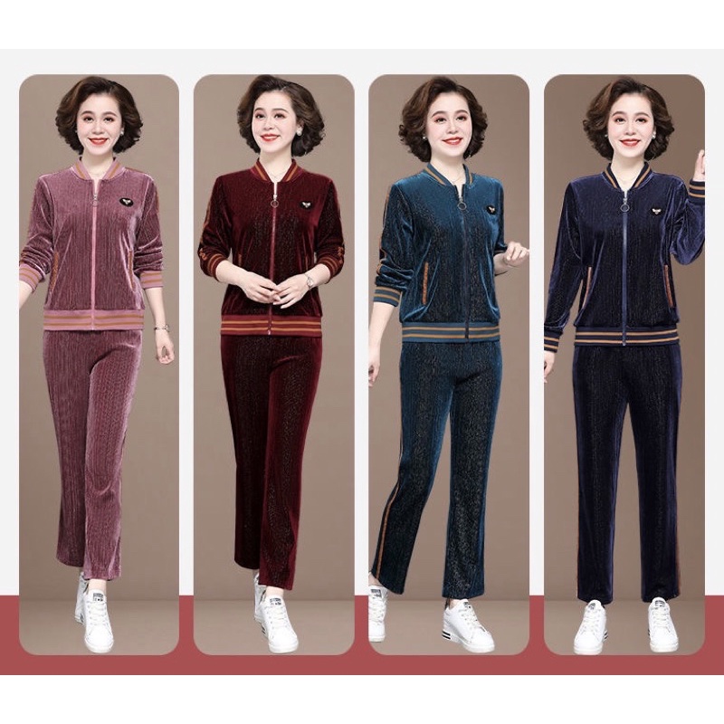 Set Nhung gân 2 món màu dễ mặc dành cho mẹ và phụ nữ tuổi trung niên