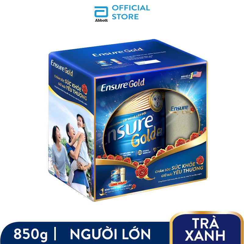 Sữa bột Ensure Gold Trà xanh 850g tặng Bình thủy tinh