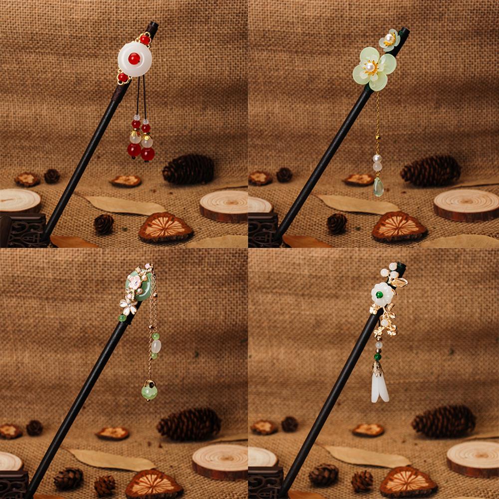 1 Trâm Cài Tóc Bằng Gỗ Mun Đính Hoa Tua Rua Handmade