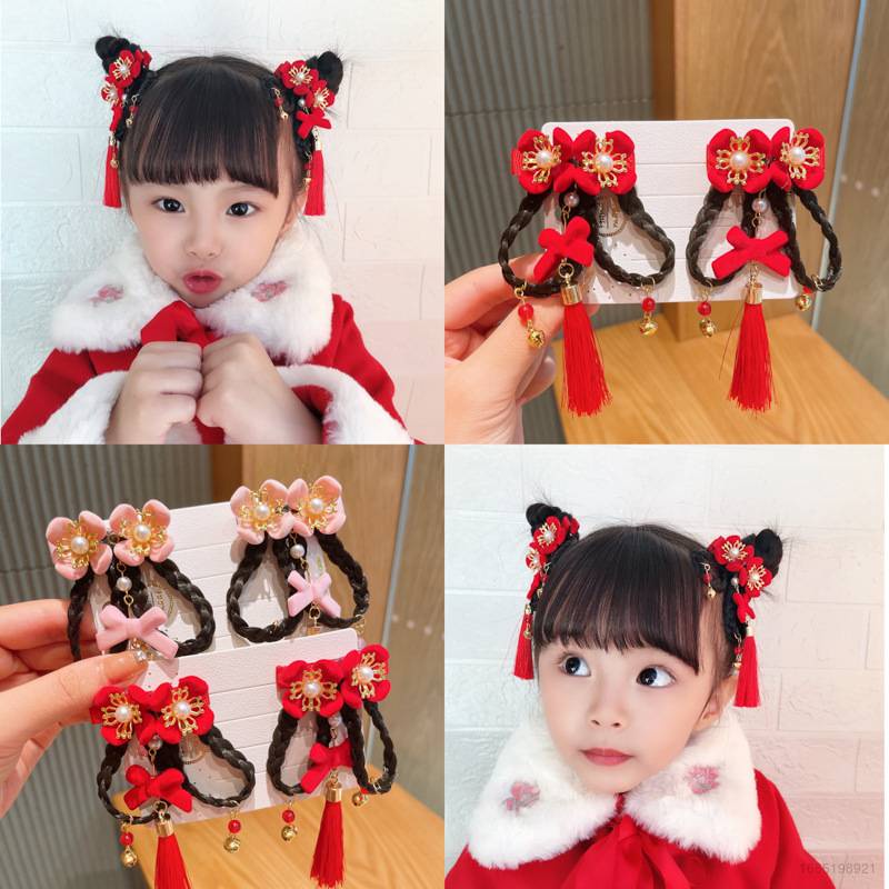 Set 2 Kẹp Tóc Giả Màu Đỏ Mừng Năm Mới Phong Cách Trung Hoa Cho Bé Gái